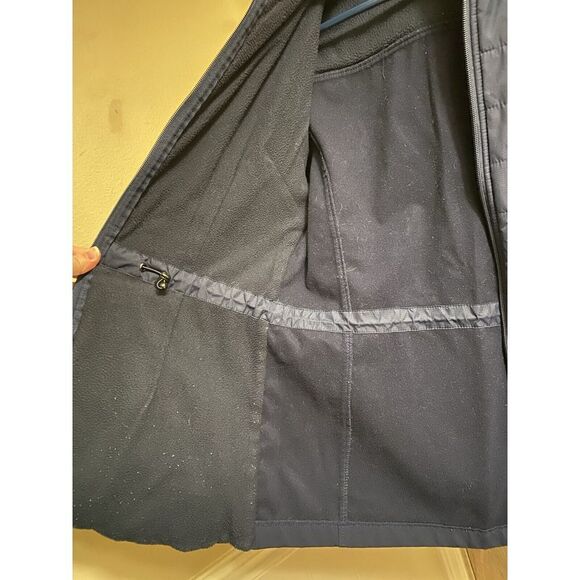 New Balance Quilted Fleece Running Jacket Navy Hooded Zip Side Pockets Sz Small - Picture 12 of 16